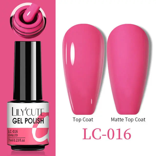 Thermo Gel Nail Polish LC-016: pink swatch with Top Coat and Matte Top Coat