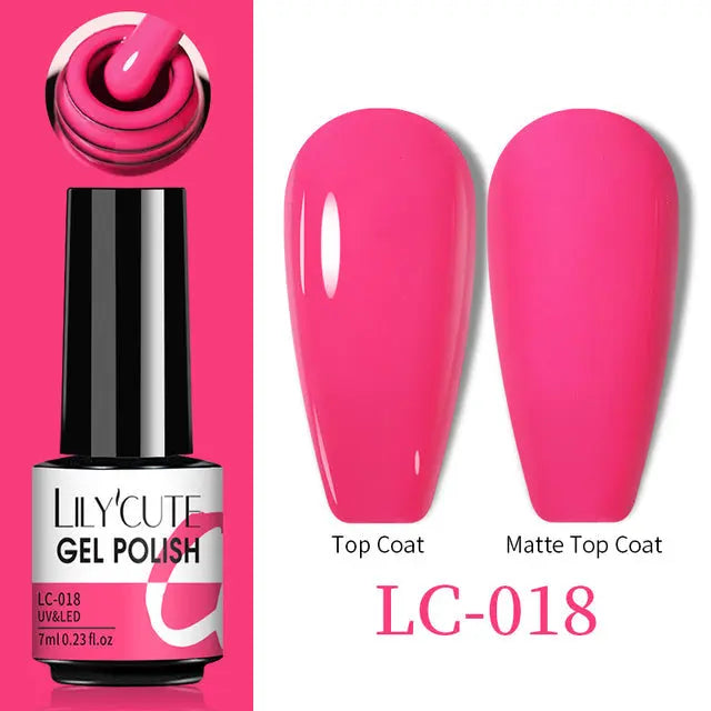 Thermo Gel Nail Polish LC-018: fuchsia-pink swatch shown in Top Coat and Matte Top Coat
