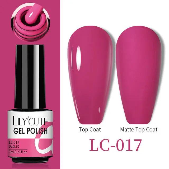 Thermo Gel Nail Polish LC-017: magenta swatch with Top Coat and Matte Top Coat