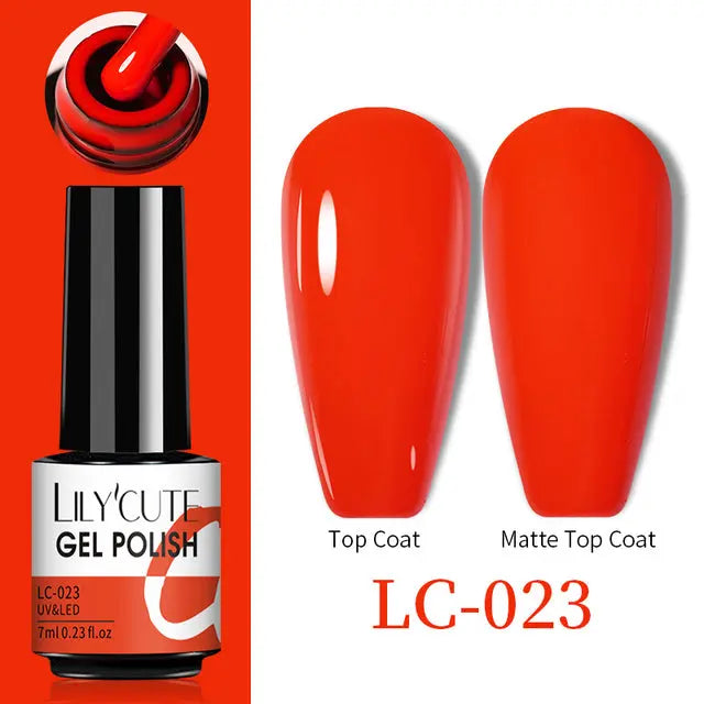 Thermo Gel Nail Polish LC-023: red-orange swatch with Top Coat and Matte Top Coat