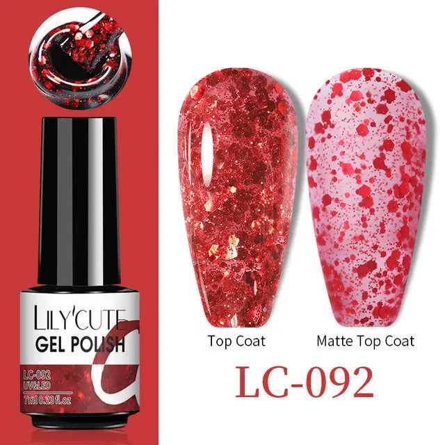 Color Changing Thermal Gel Nail Polish LC-092, red glitter glossy top coat vs matte top coat