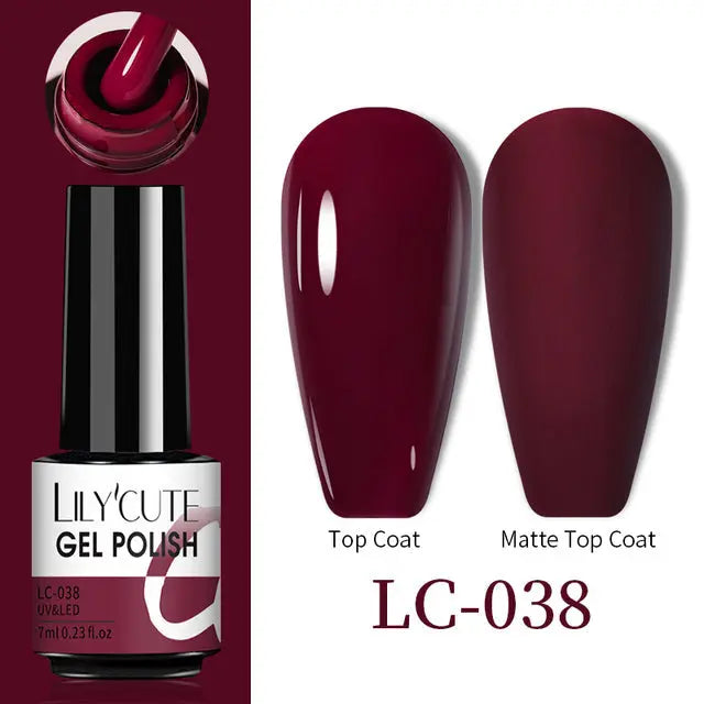 Color Changing Thermal Gel Nail Polish LC-038: deep maroon nails, glossy and matte