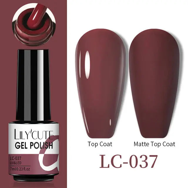 Color Changing Thermal Gel Nail Polish LC-037, plum-brown glossy top coat vs matte top coat