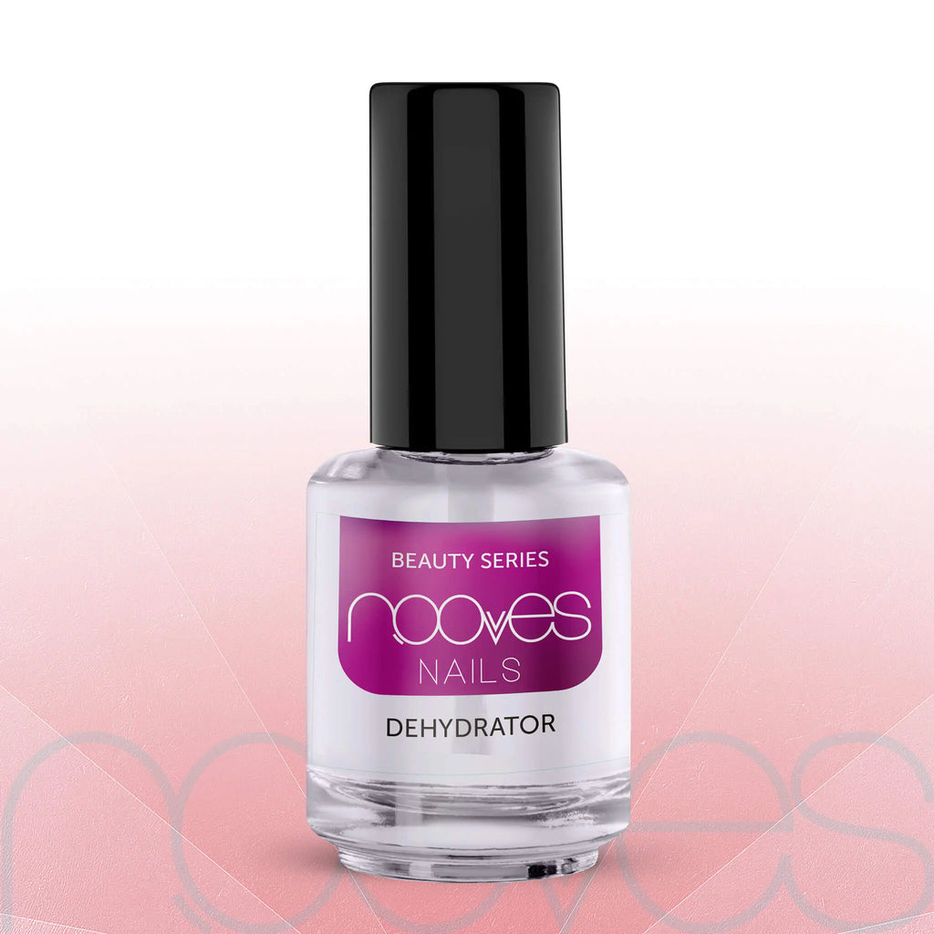 Nail dehydrator prep bottle with black cap and clear liquid