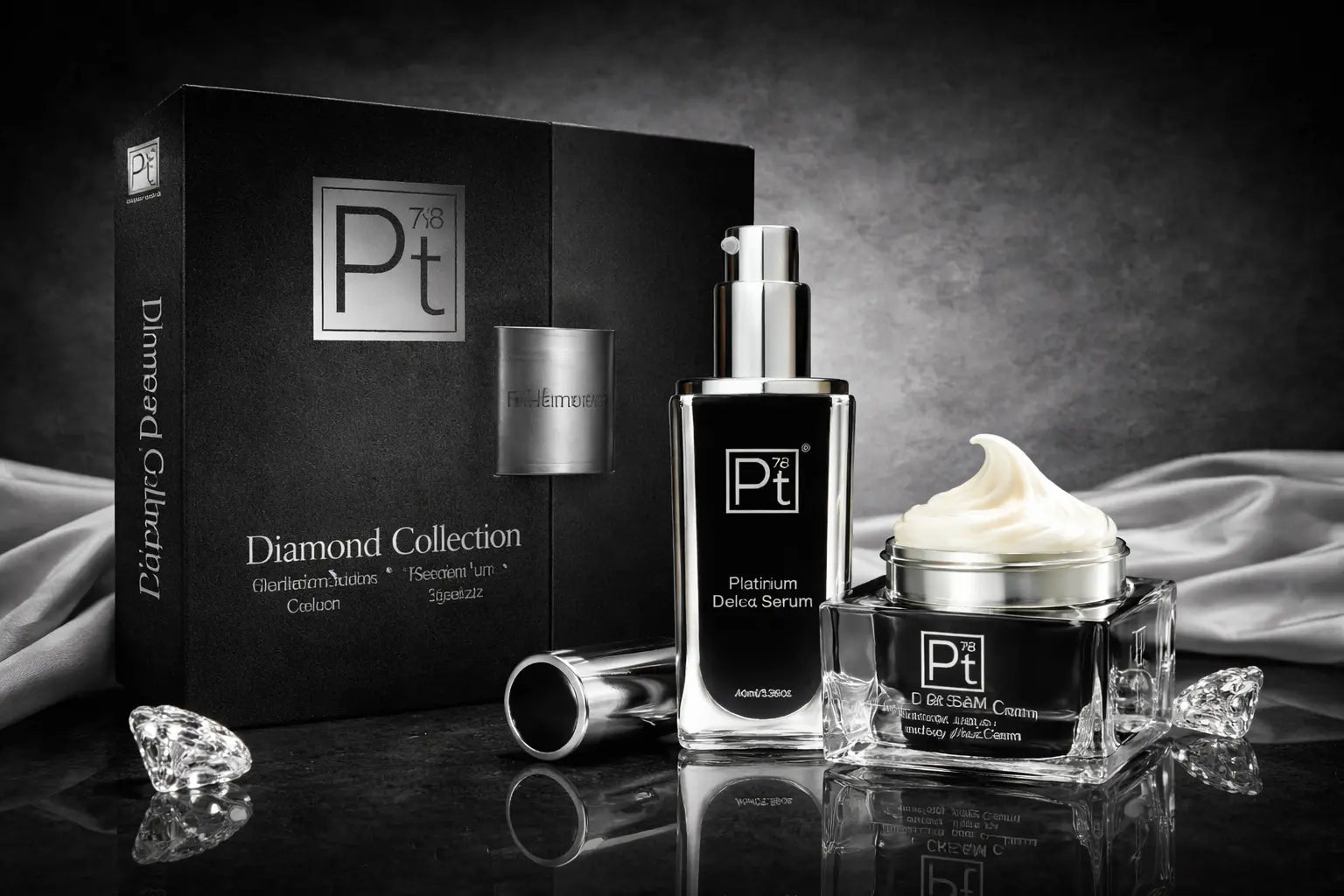 Platinum Deluxe Diamond Set: serum bottle, cream jar, and small container with caps