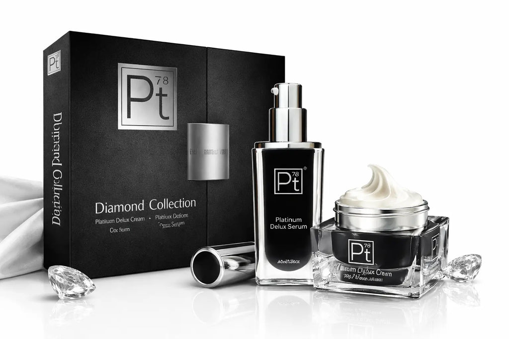 Platinum Deluxe Diamond Set display: platinum serum bottle and cream jar in set