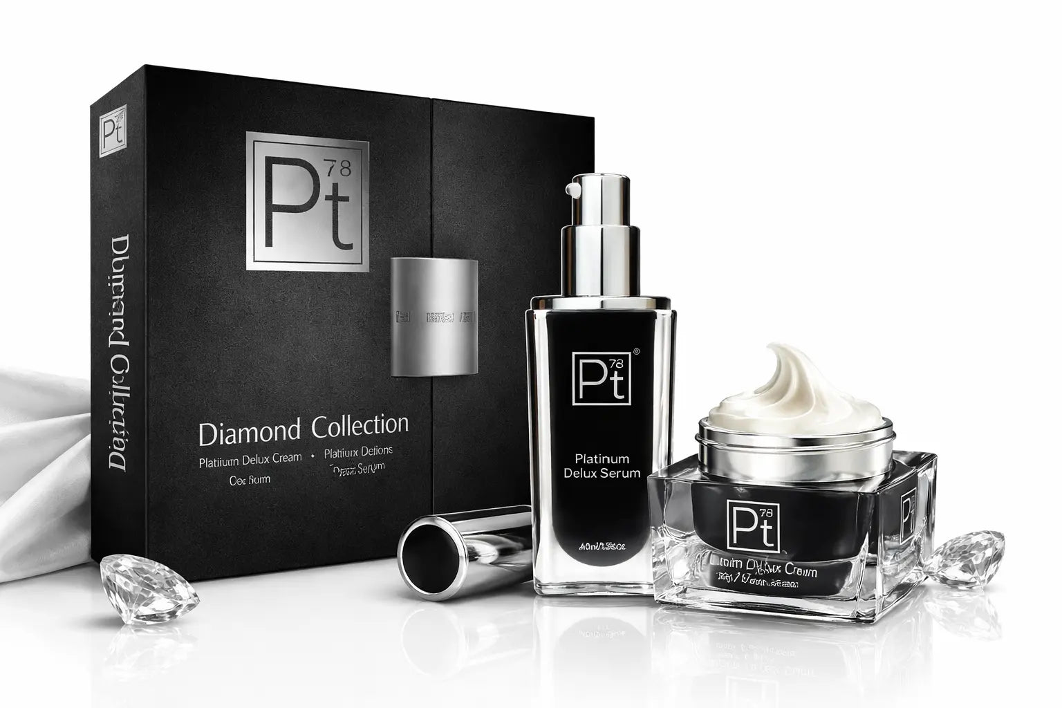Platinum Deluxe Diamond Set display: platinum serum bottle and cream jar in set