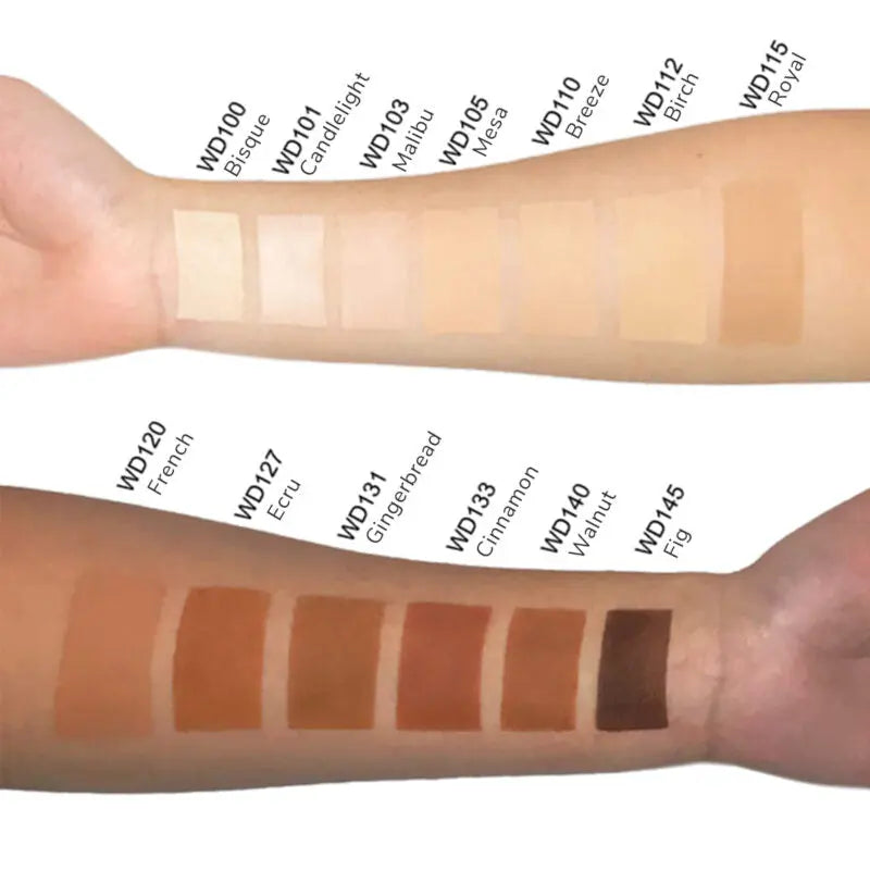 WD103 Malibu powder swatches on arm; light beige shade among tone range