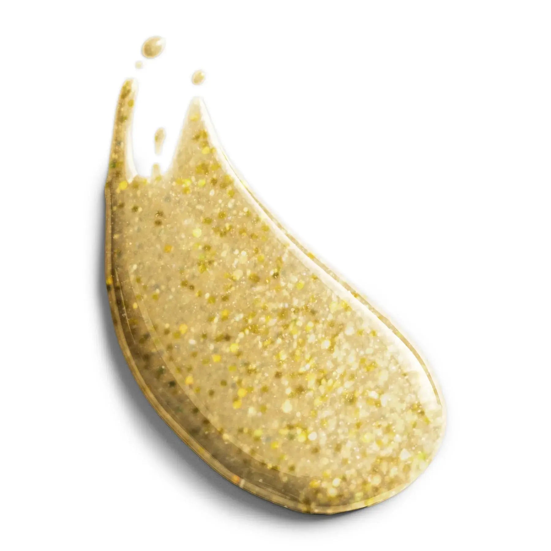 Gold glitter nail swatch with clear base, teardrop shape