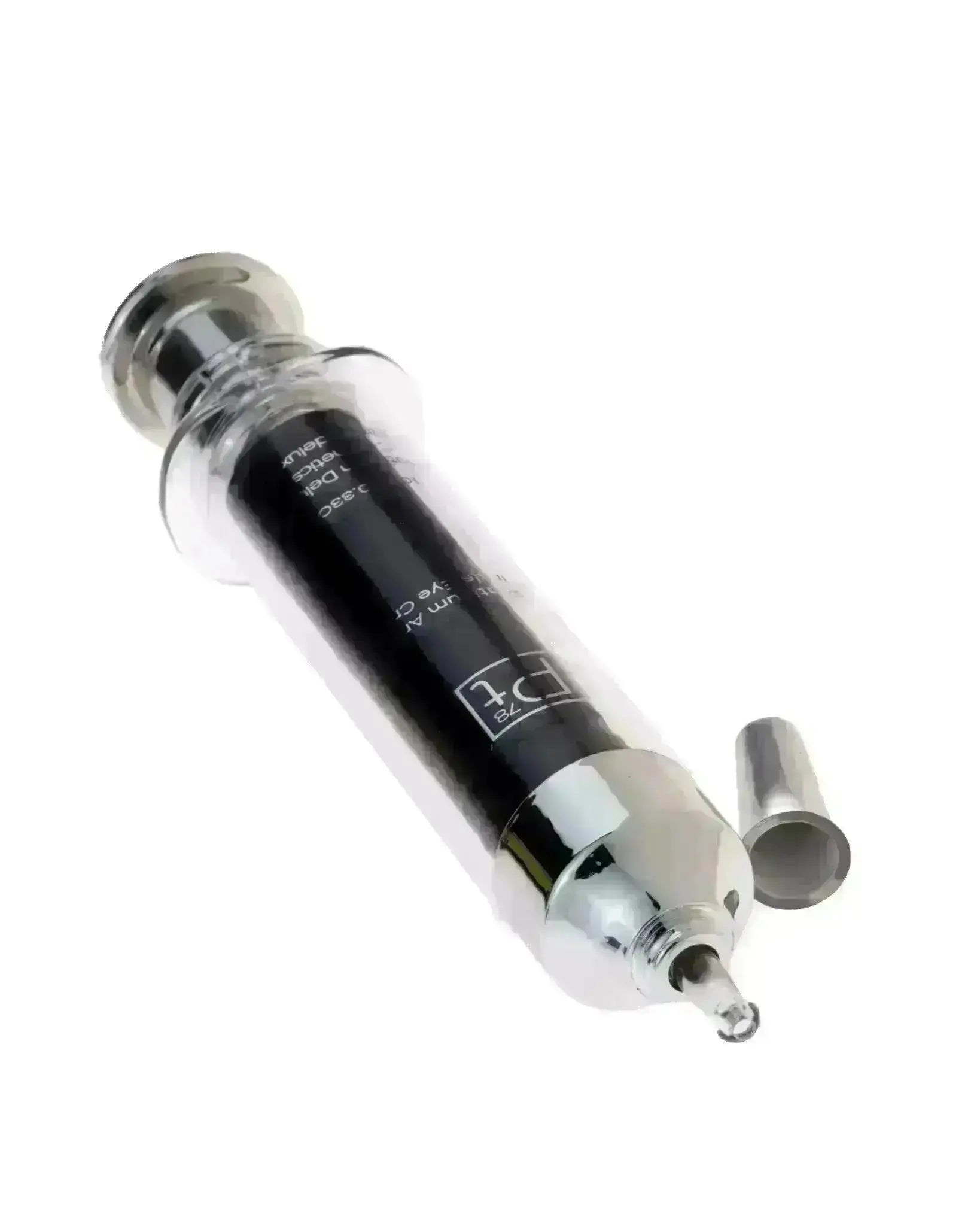 Non-surgical facelift syringe with clear nozzle cap and chrome base, side view