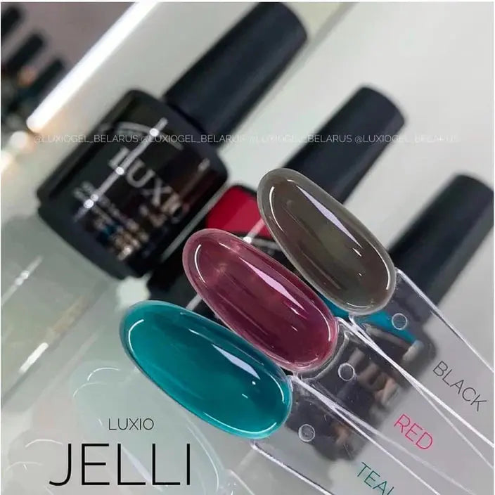 Jelli swatch rack with red, teal and black gel colors