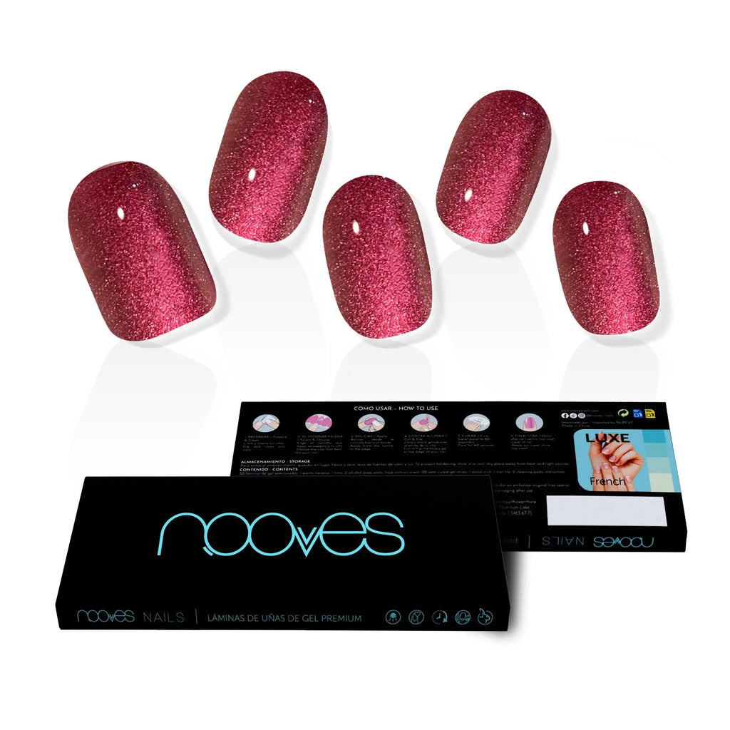 Set de tiras de gel Ruby Claret: 5 uñas ovaladas granate con brillo y purpurina