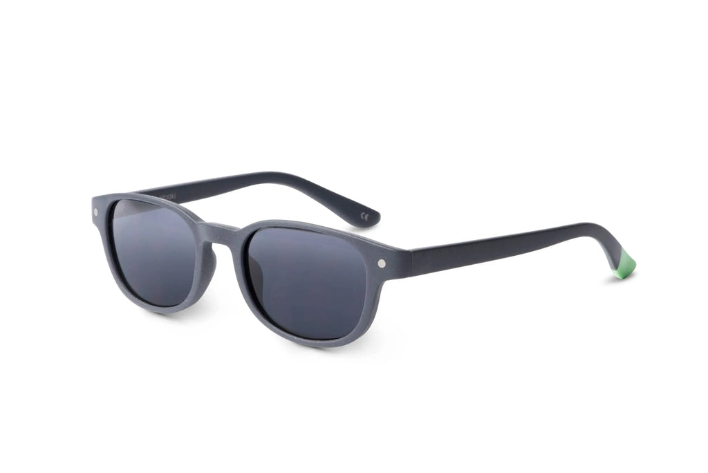 Kara slate sunglasses side view, dark lenses, slim temples with green tips