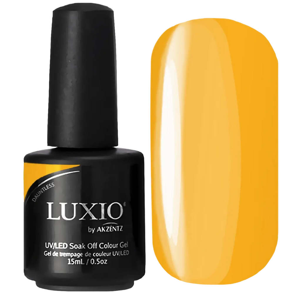 Luxio Dauntless UV-LED Gel in dunkler Flasche, gelber Farb-Swatch