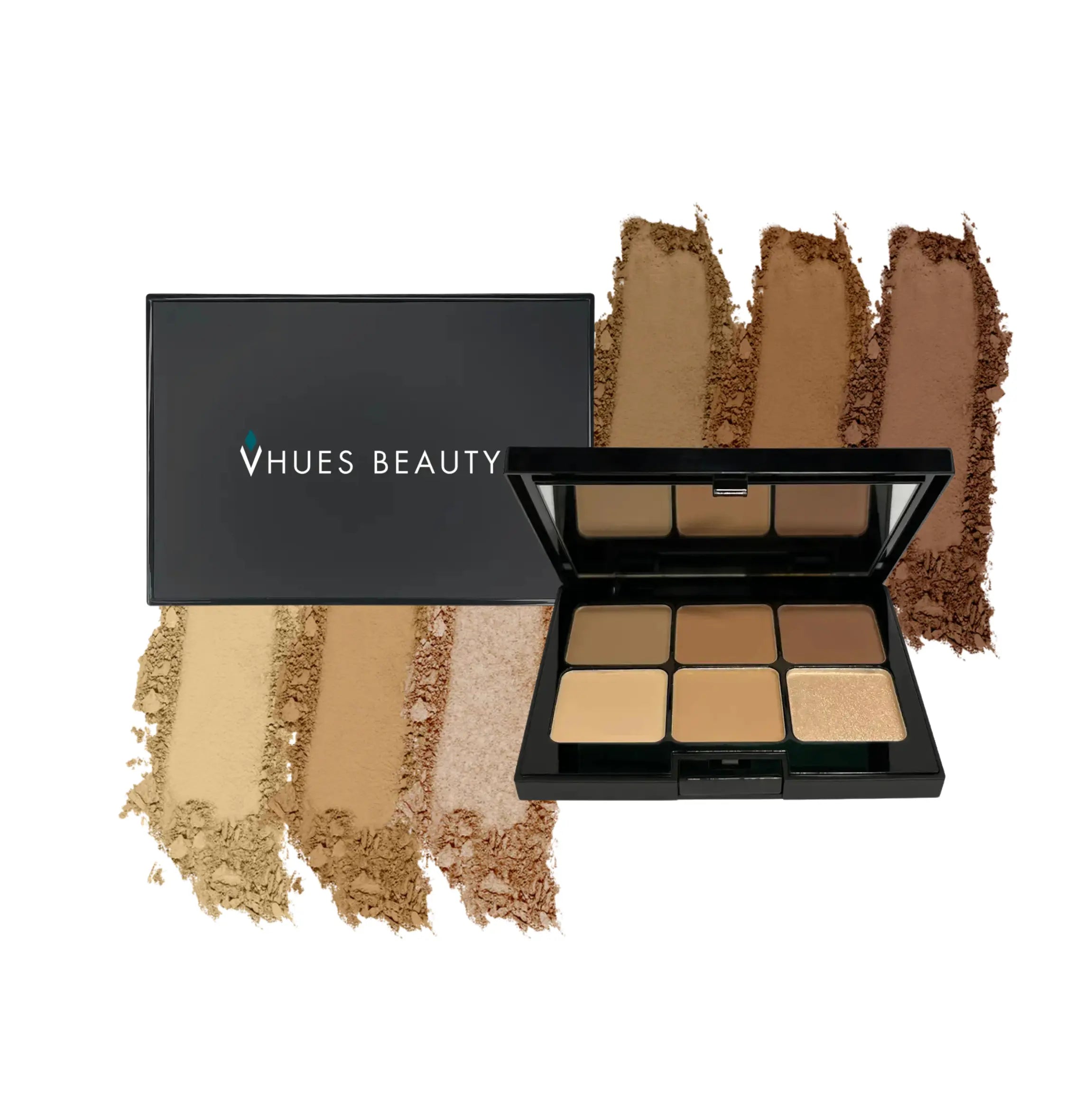 Vegan eyeshadow palette with nude beige, caramel, and golden shimmer shades