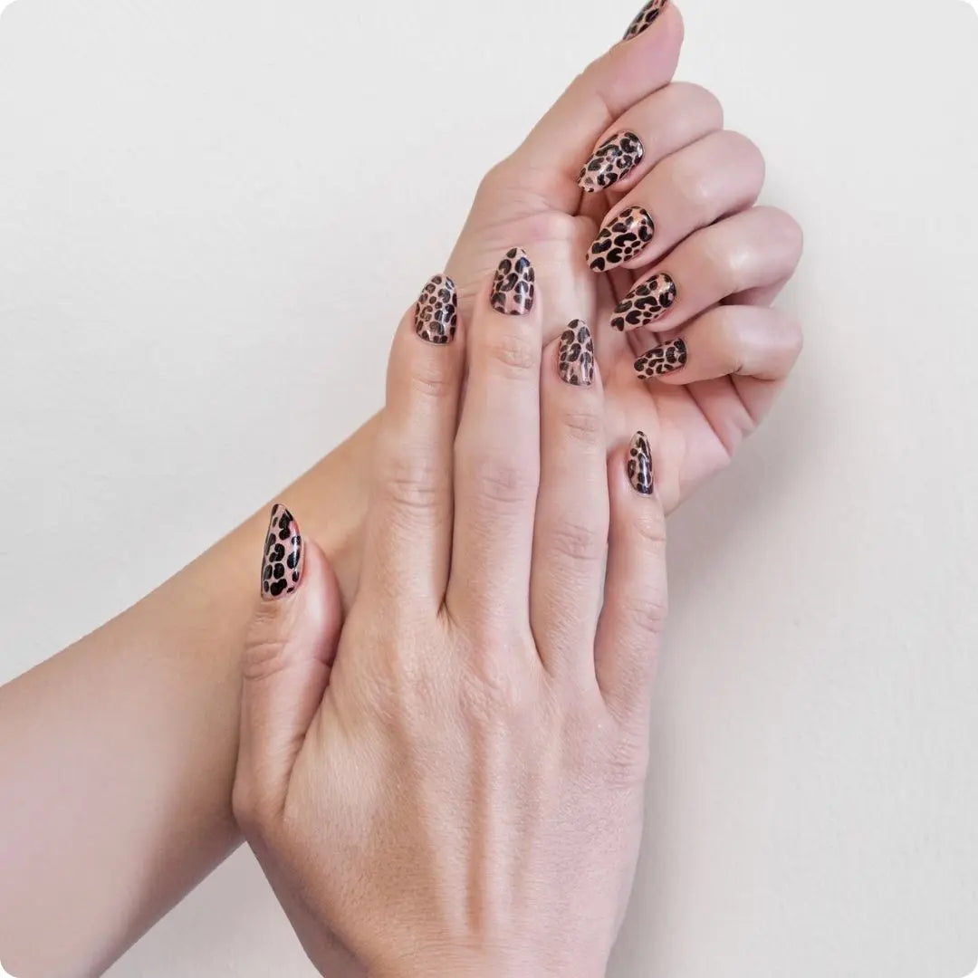 Leopard print manicure on two hands, glossy nails with varied animal spots