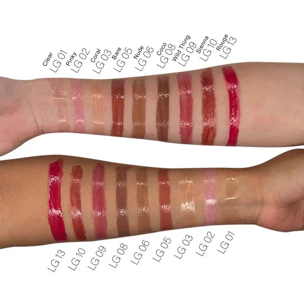 Lip gloss swatches on arm: nude and pink glossy stripes