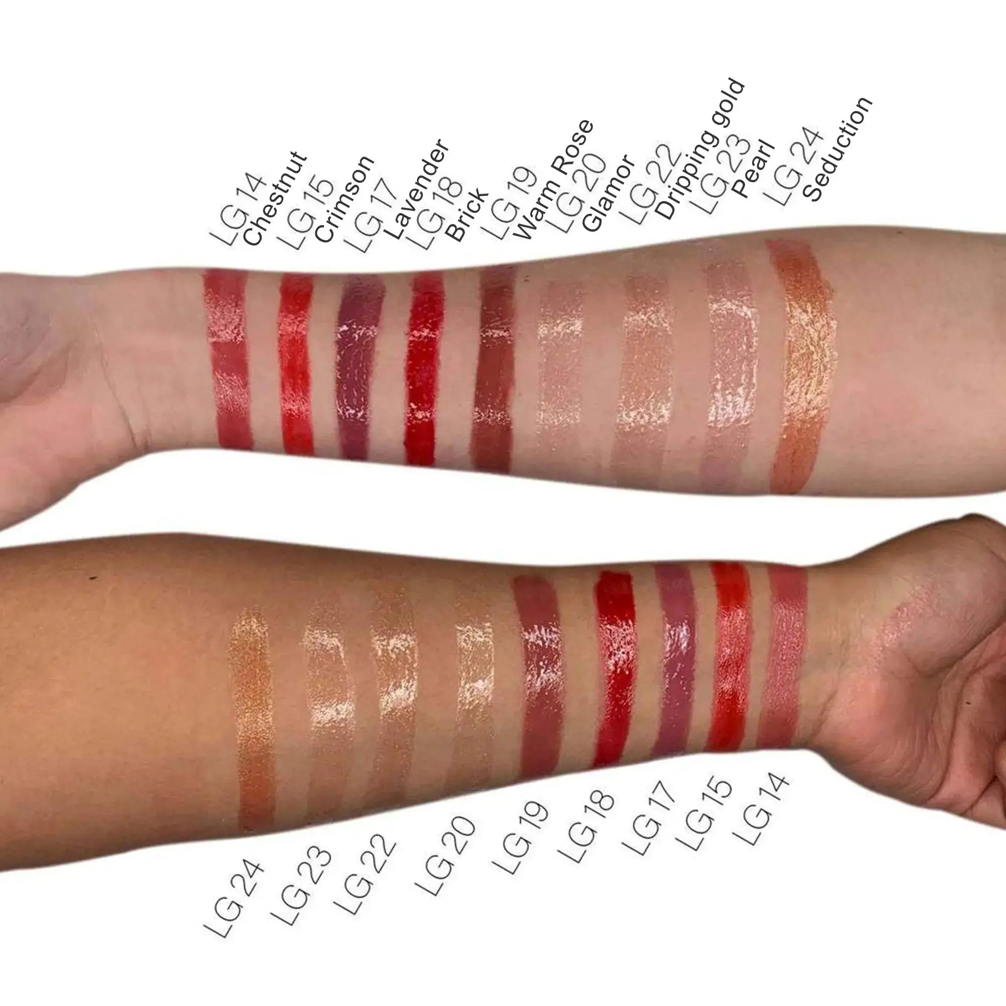 Lip gloss swatches on arm with nude beige, rosy and red glossy stripes