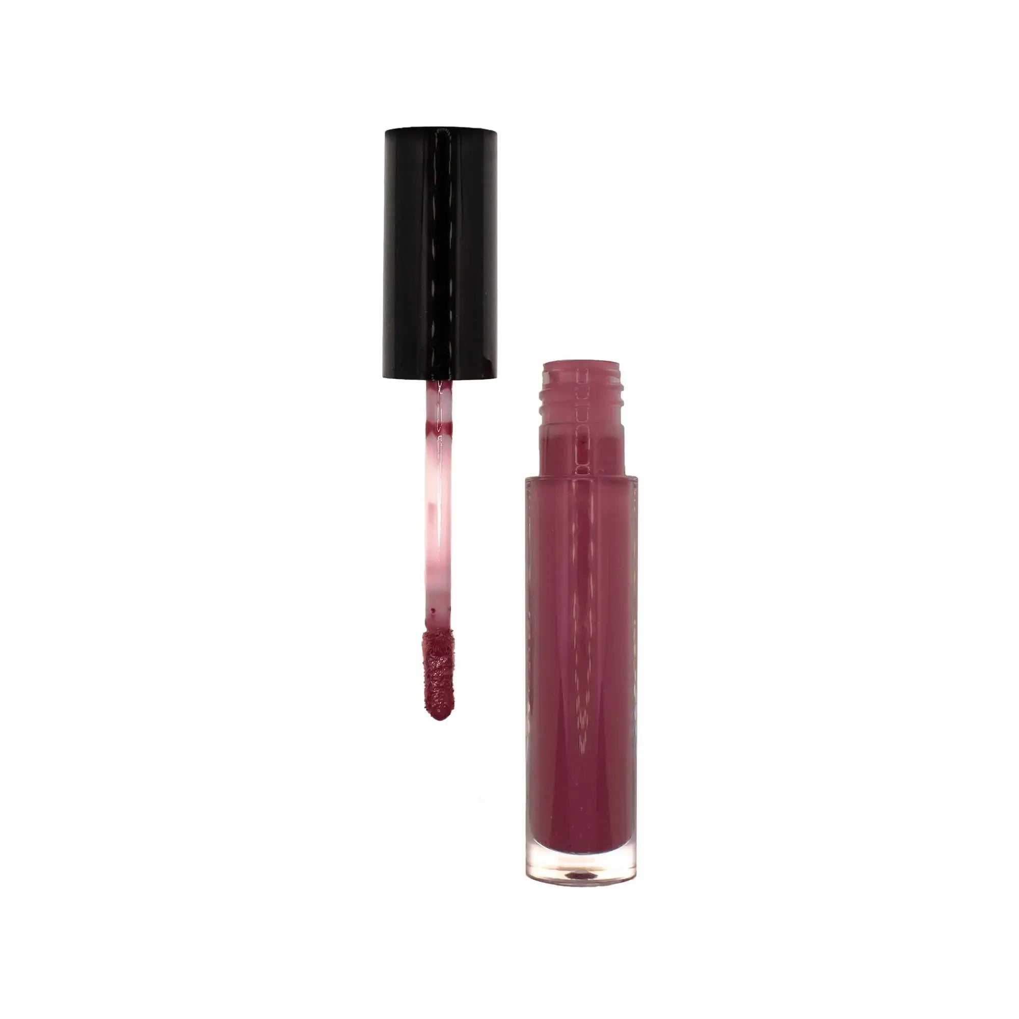 Nude lip gloss in clear tube with black cap and applicator, mauve-pink tint
