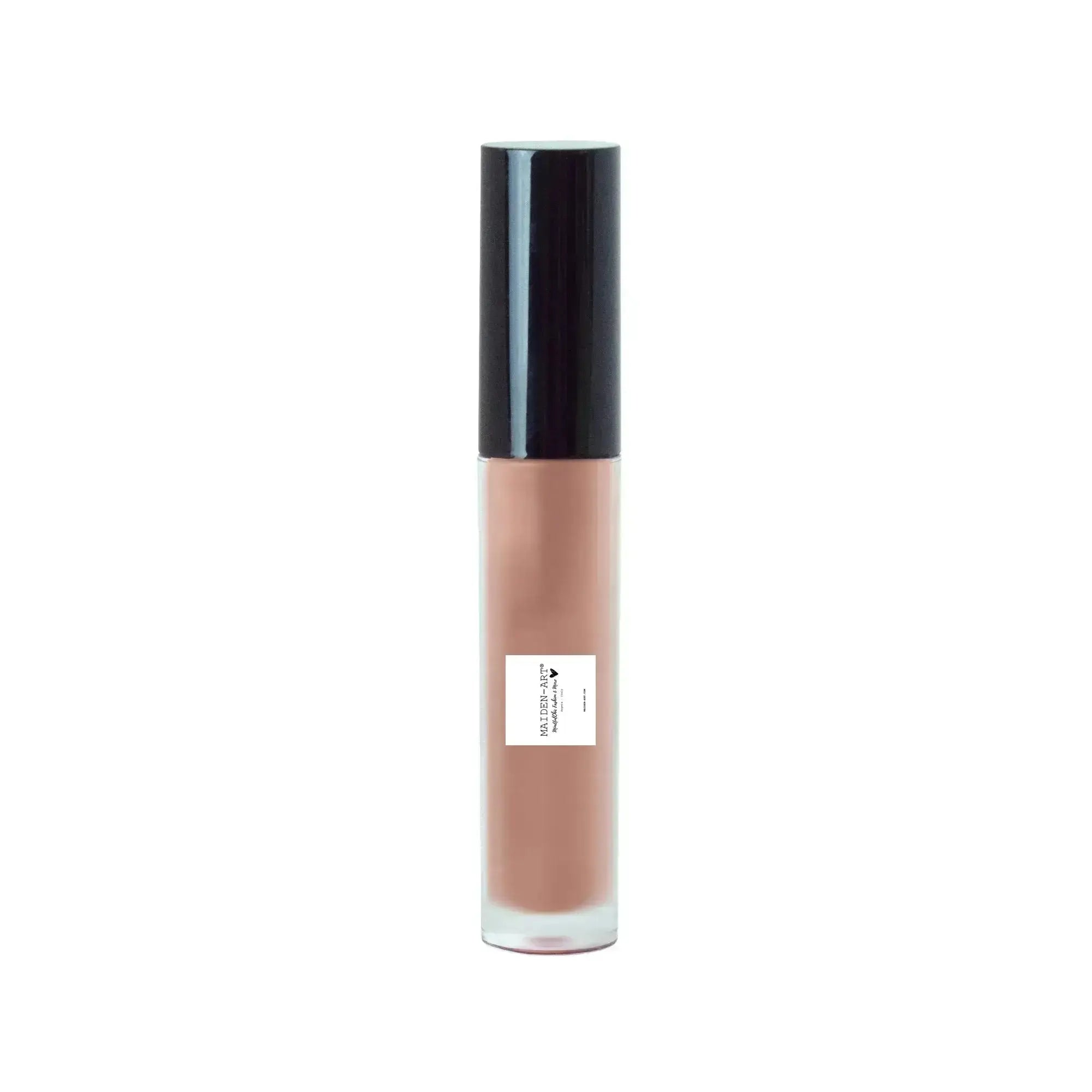 Nude lip gloss tube with black cap, sheer beige-mauve gloss inside
