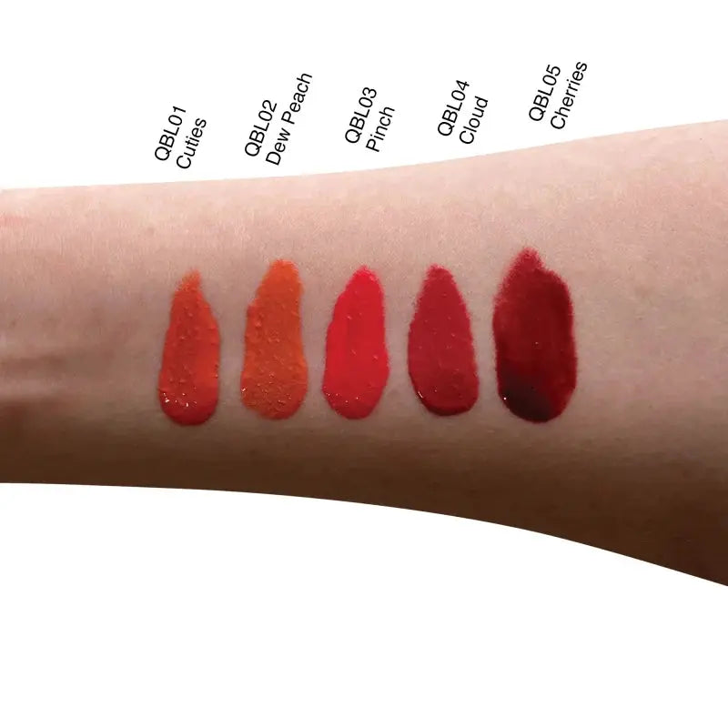 Swatch row shows QBL02 Dew Peach liquid blush in peachy-pink tone