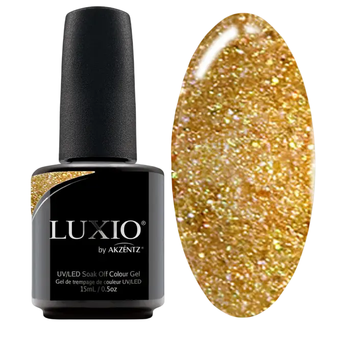 Luxio Sparkles Goddess UV gel bottle and gold glitter nail swatch