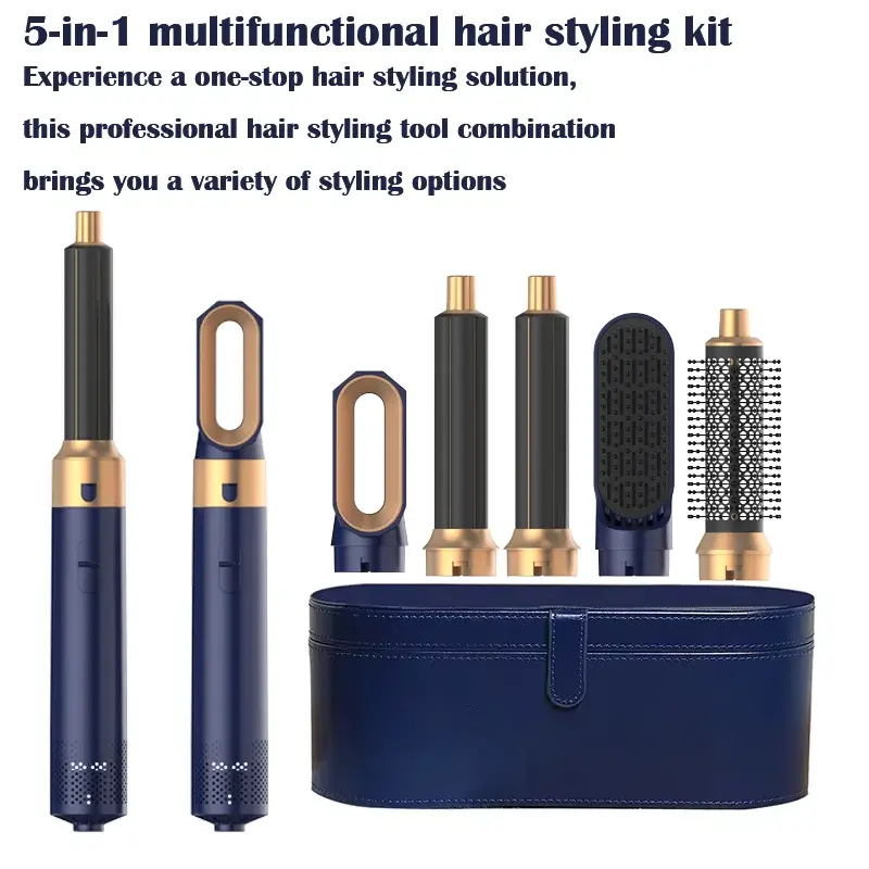 5-in-1 multifunction hair styler kit with multiple brush and barrel attachments, storage case