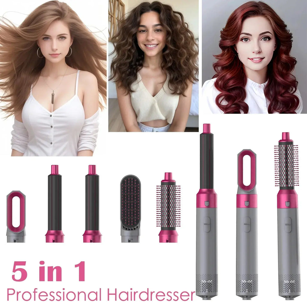 Pink and silver 5-in-1 hair dryer styler with oval vent opening and brush attachment