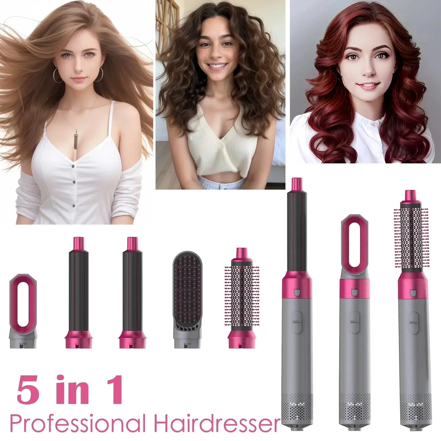 Pink and silver 5-in-1 hair dryer styler with oval vent opening and brush attachment