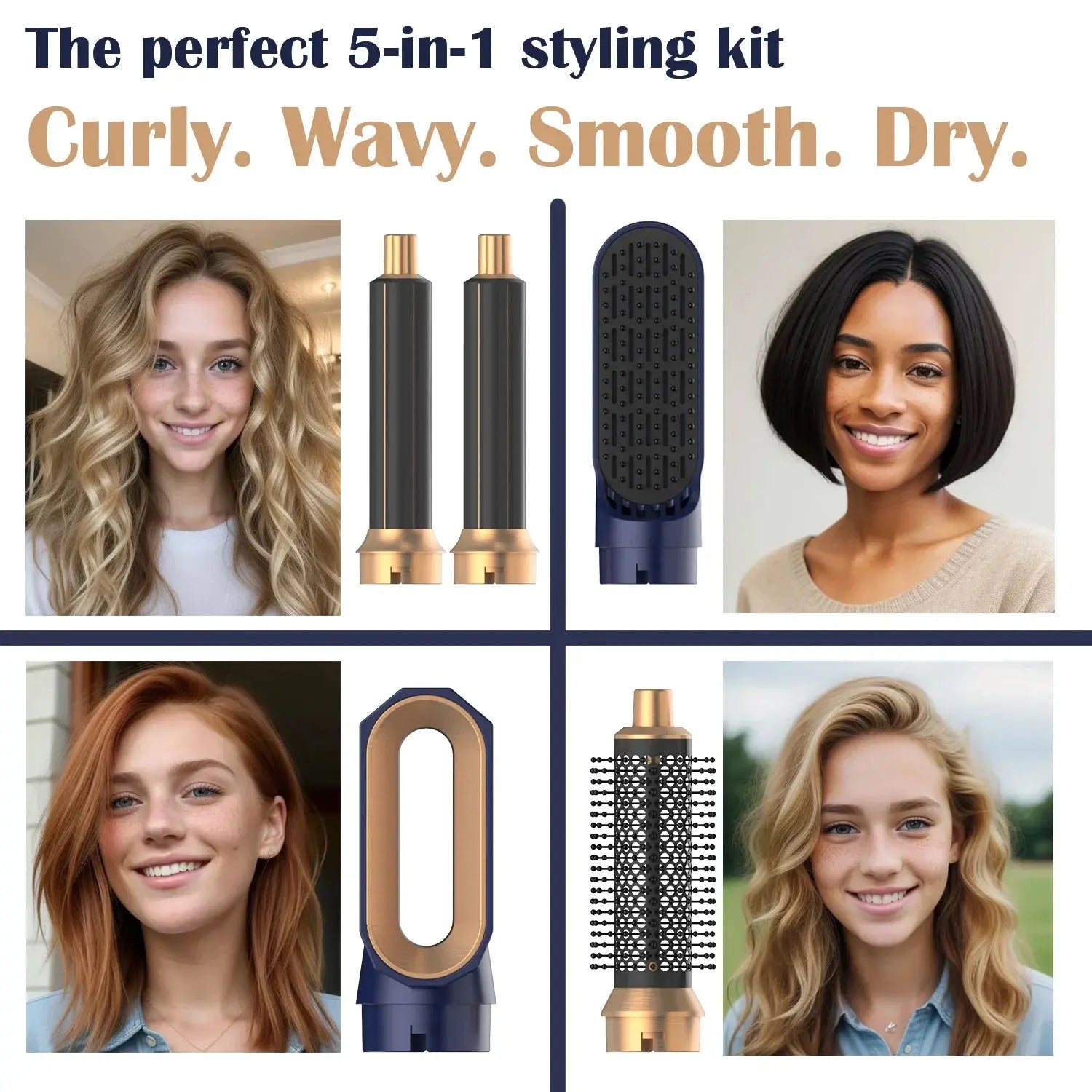 5-in-1 styling kit with round brush, oval brush, and straightening barrels shown