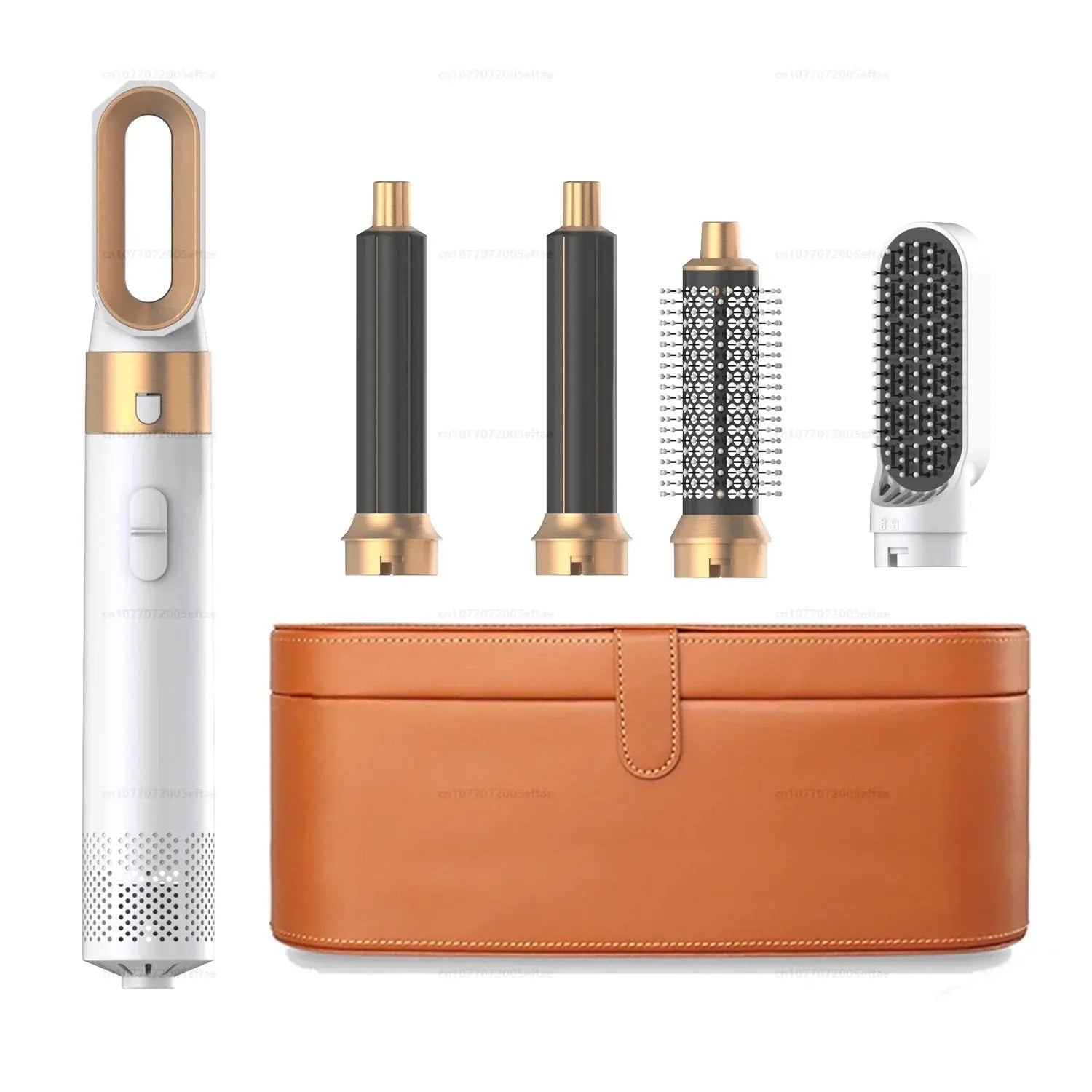 White multi hair styler with gold accents, two barrels, roller brush, and paddle brush