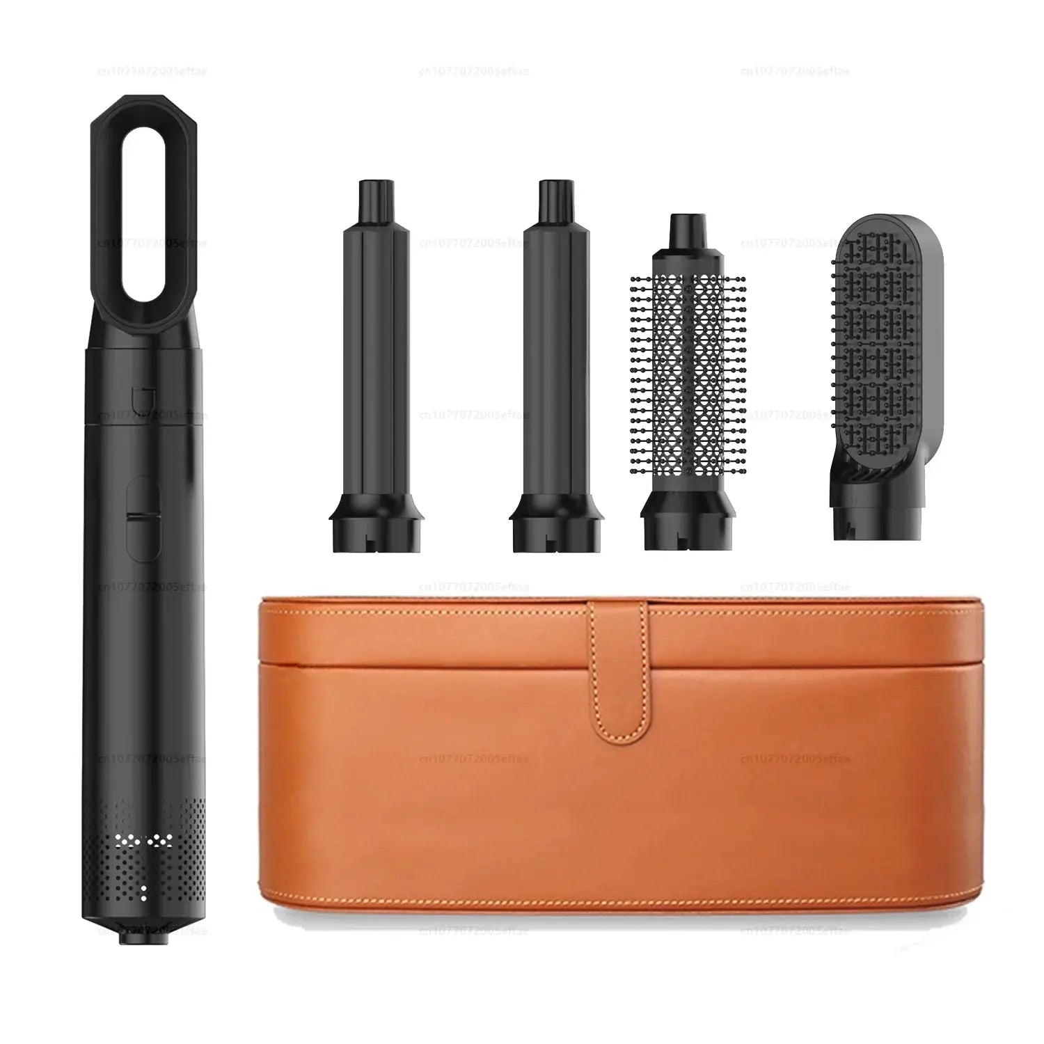 Black multi hair styler with round brush and barrel attachments, orange storage case