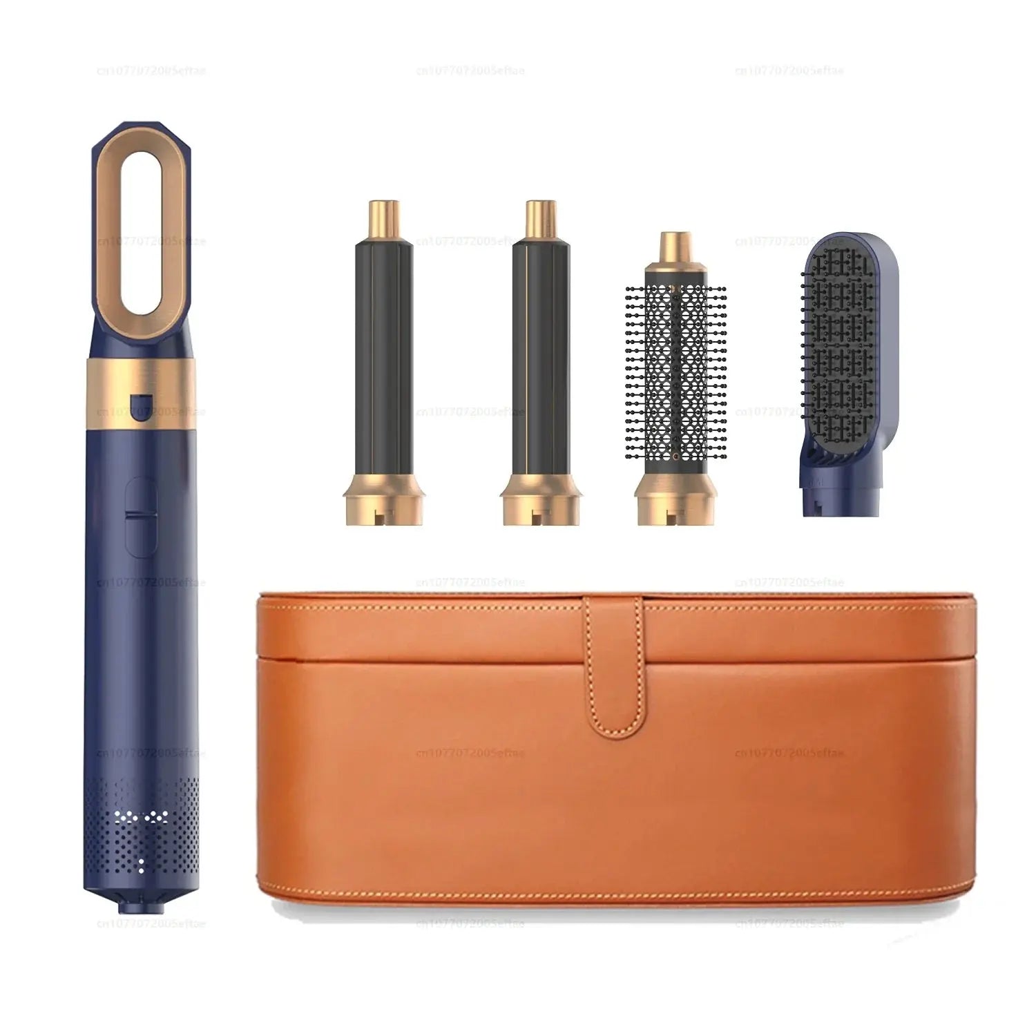 Multi hair styler set with dark blue handle, gold accents, and accessory storage case