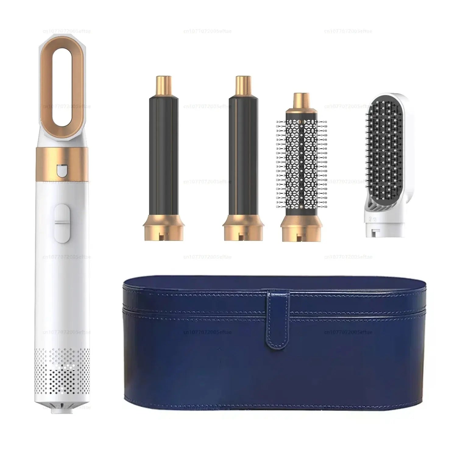 Multi hair styler with white body, gold attachments, vented diffuser and round brush, storage case