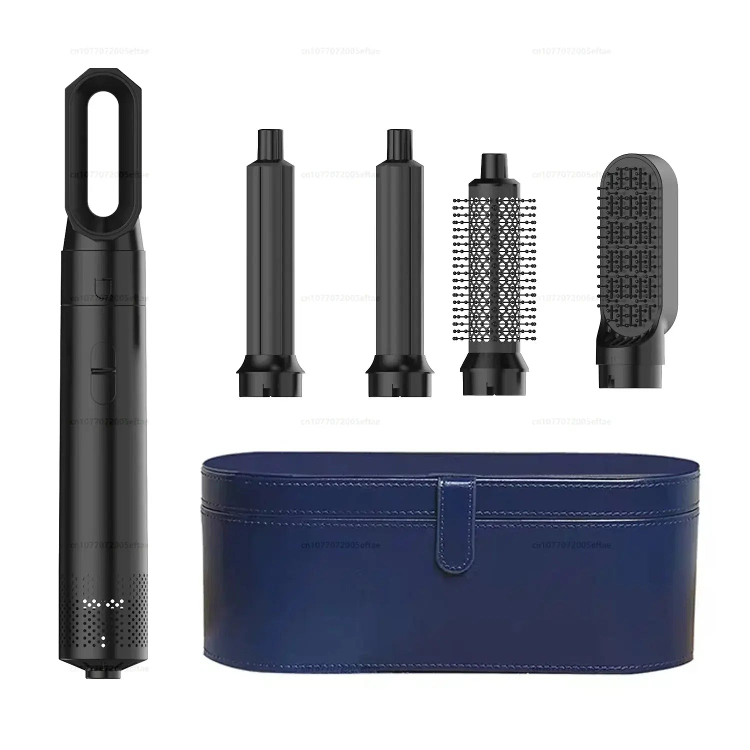 Multi hair styler in black with vented diffuser, round brush and barrel attachments, storage case