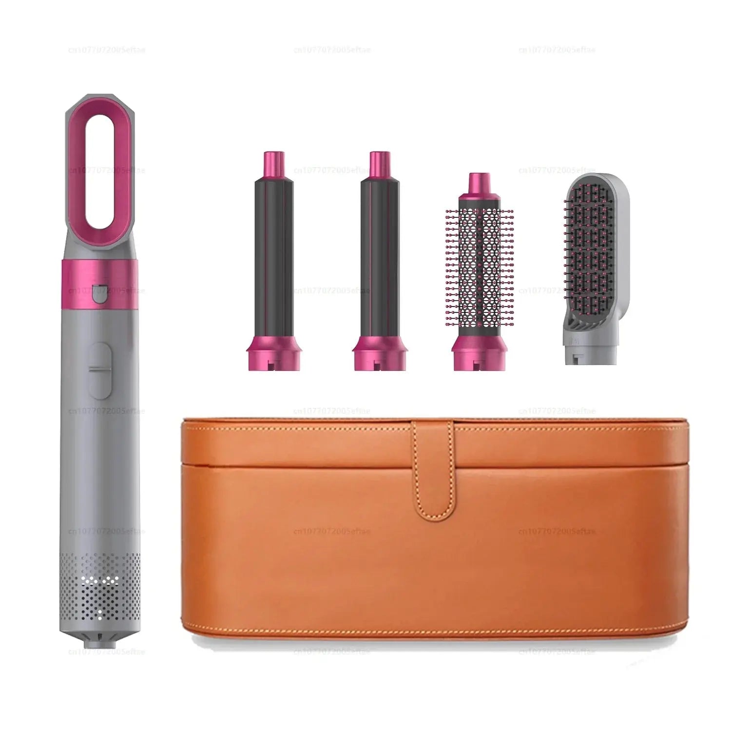 Pink and silver multi hair styler with two barrels, vent brush, round brush, and case