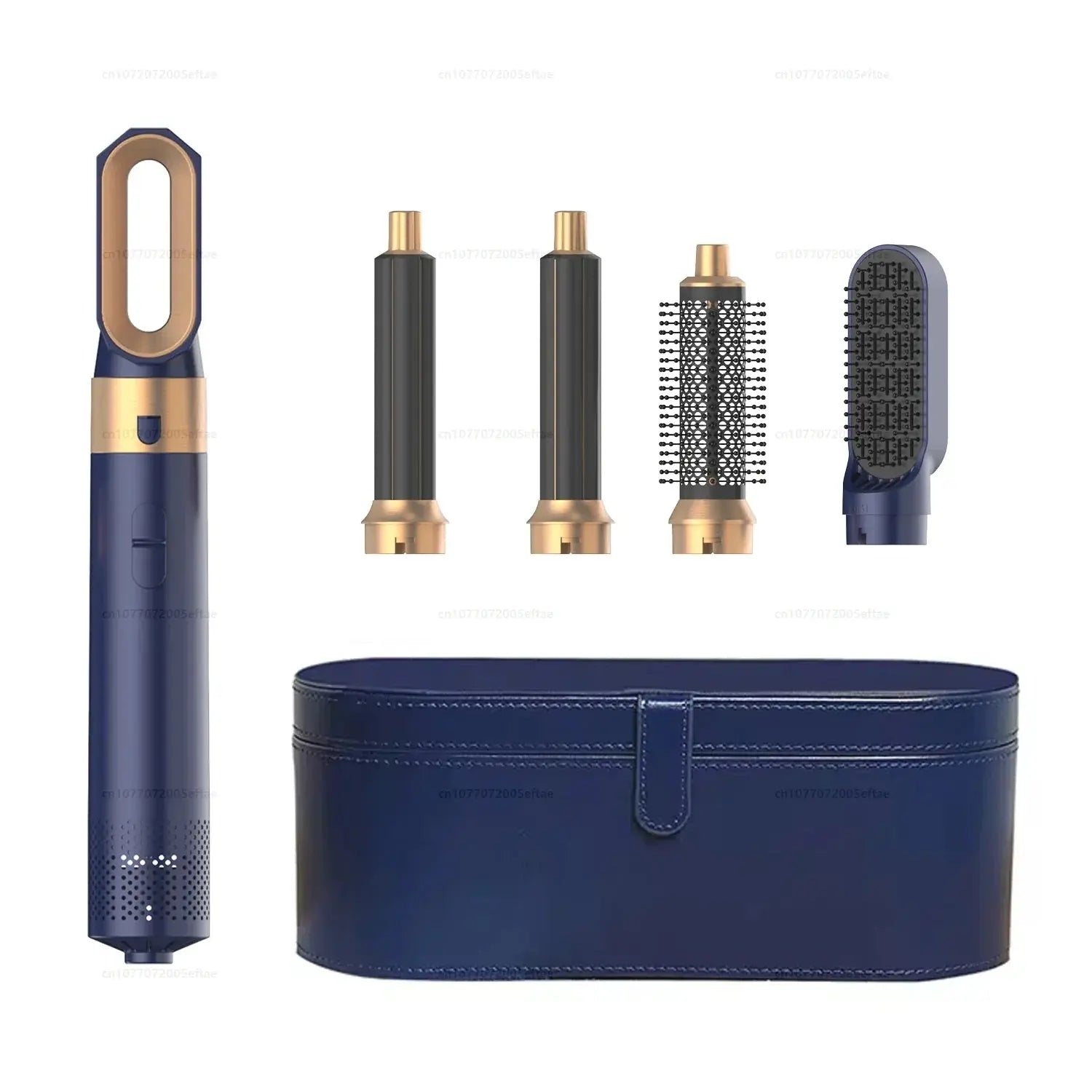 Dark blue multi hair styler with gold-edged attachments: barrels, roller brush, paddle brush