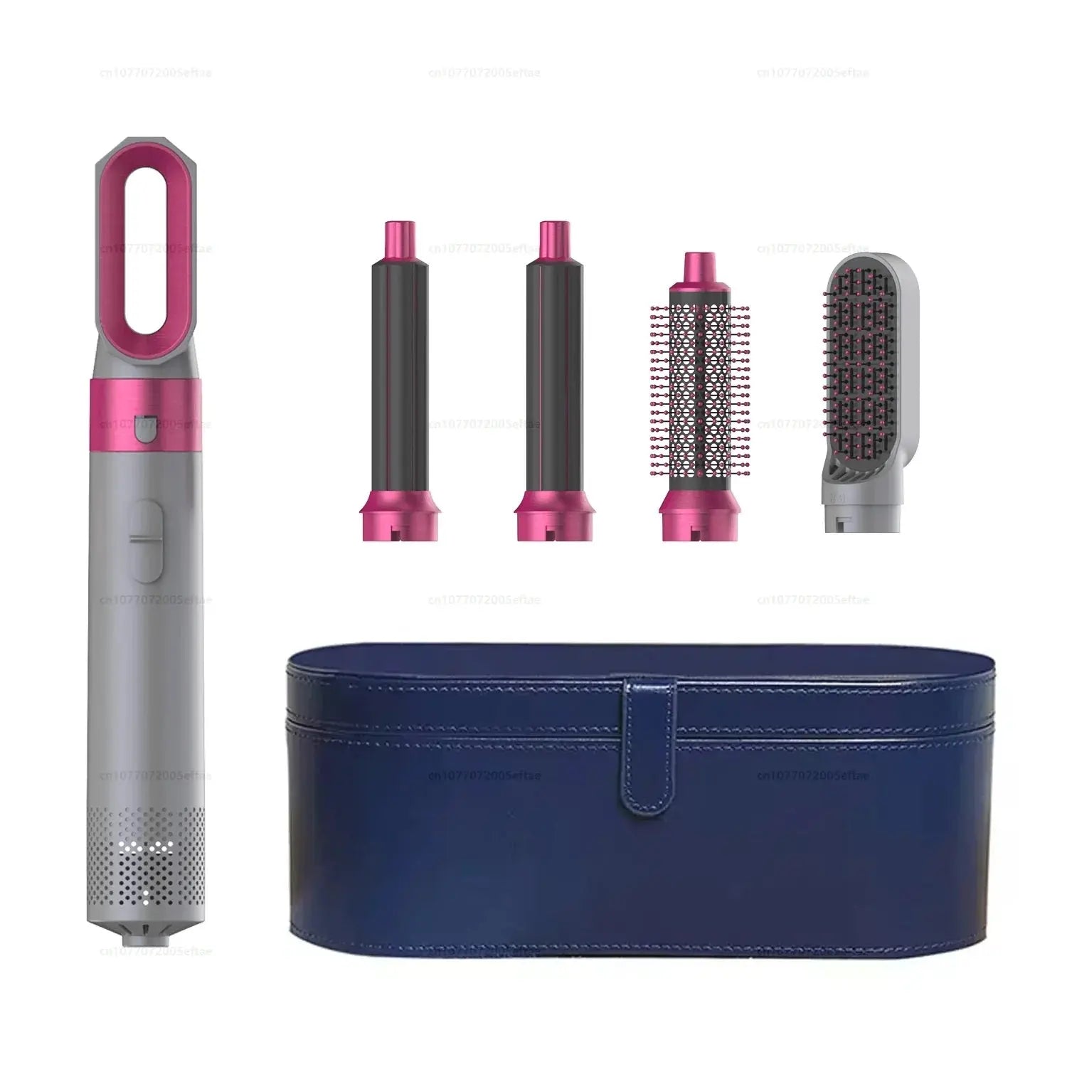 Pink multi hair styler with two barrels, vent brush, and round brush attachments in case