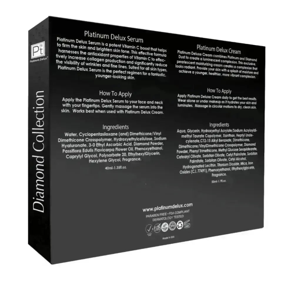 Platinum Deluxe Diamond Set box back panel with ingredients and how-to-apply text