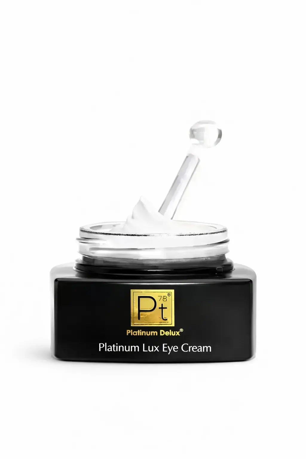 Platinum Lux Eye Cream jar with gold Pт logo, black base, open lid