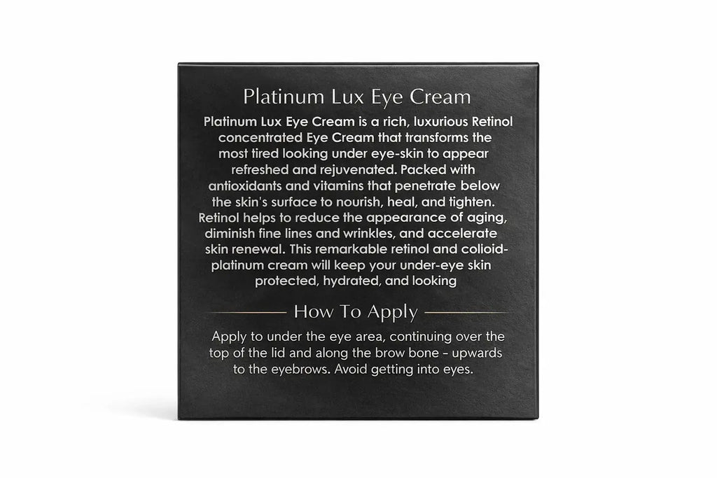 Platinum Lux Eye Cream box back showing usage instructions text