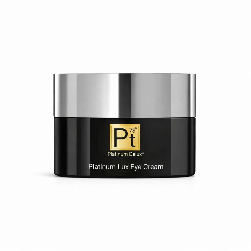 Platinum Lux Eye Cream black jar with silver lid and gold Pт logo