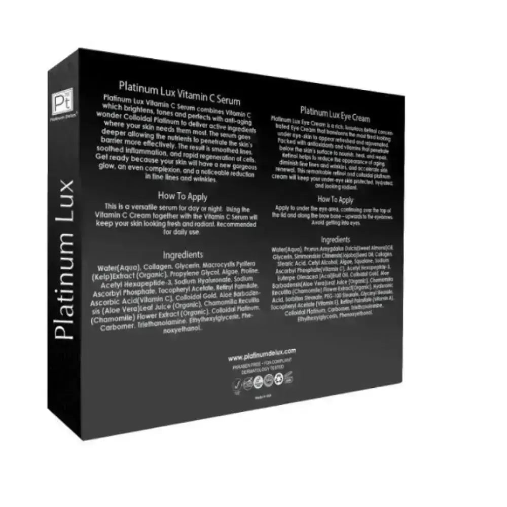 Platinum Lux Instant Face Lift Set box back with ingredient list and how to apply