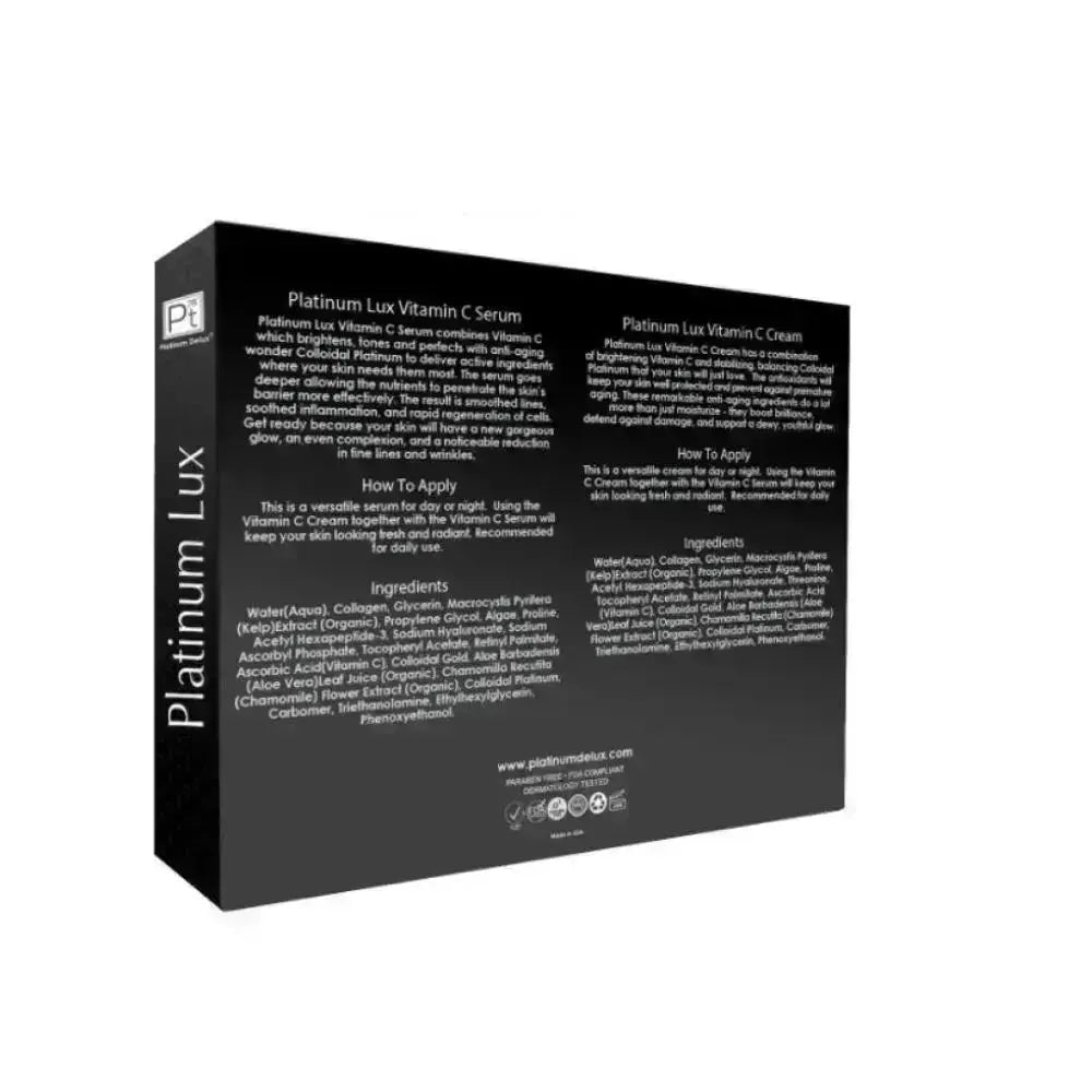Platinum Lux Vitamin C Set box back panel with product info and ingredients list