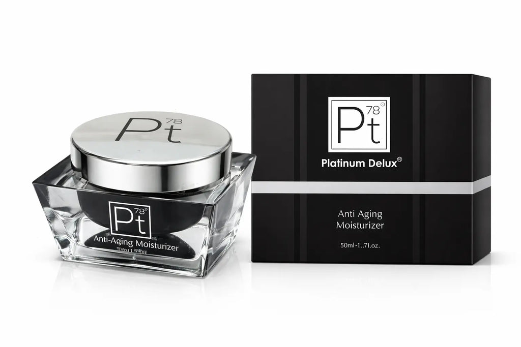 Platinum Deluxe Anti-Aging Moisturizer glass jar with chrome lid and black label