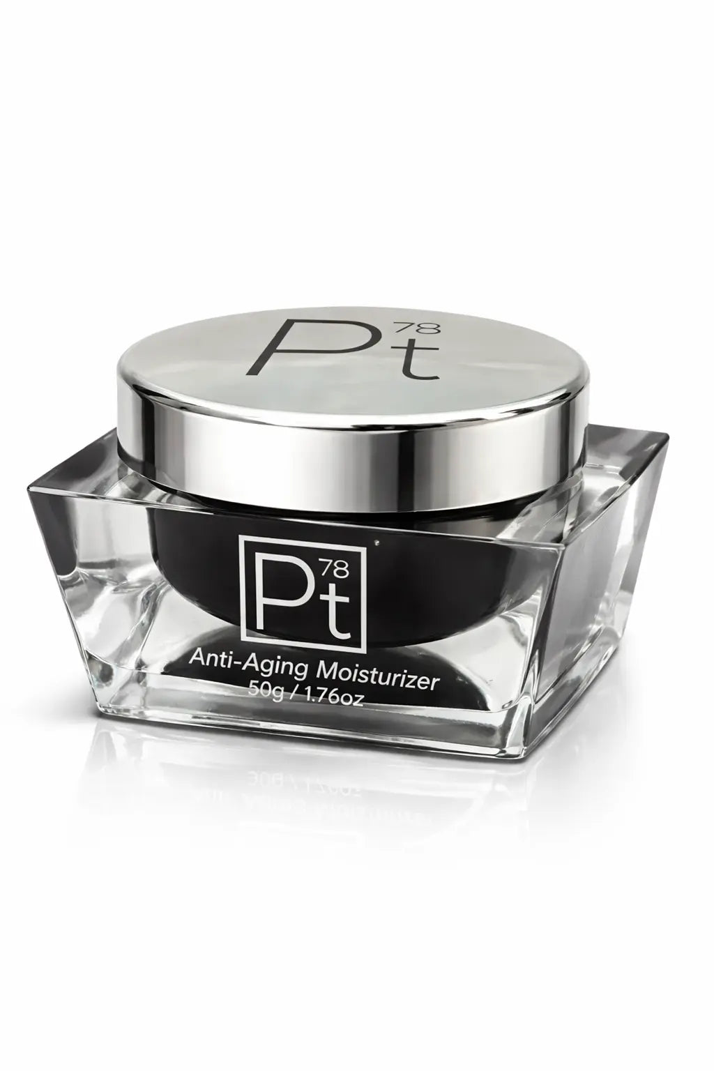Anti-Aging Moisturizer glass jar with chrome lid and Pt78 logo