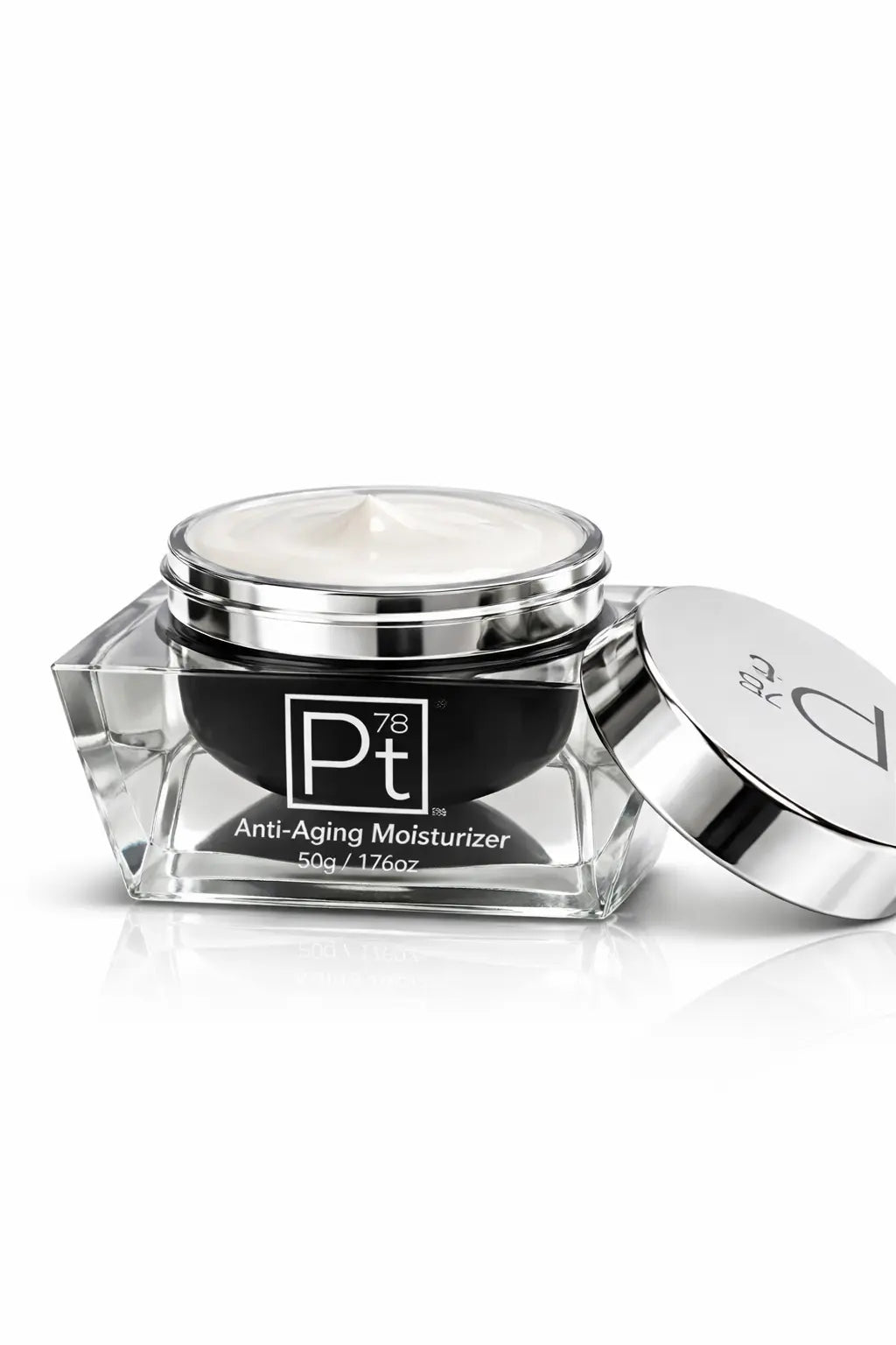Anti-Aging Moisturizer jar with open lid and cream texture in glass