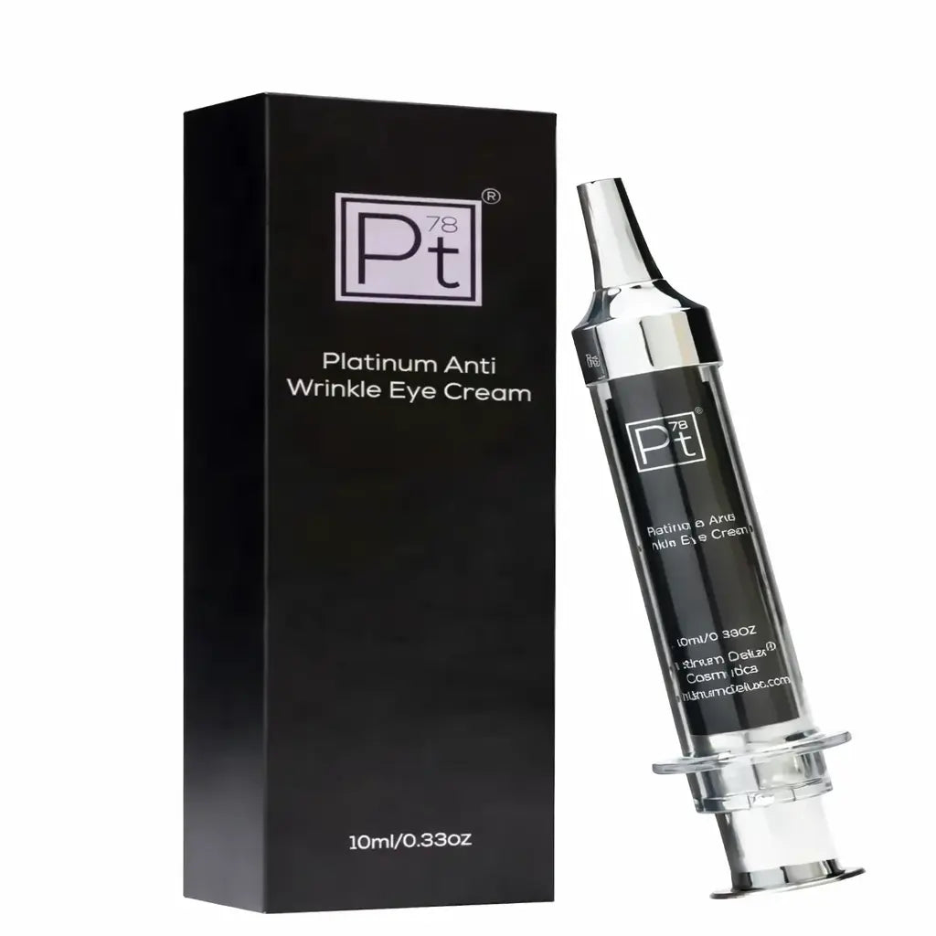 Platinum anti-wrinkle eye cream box and chrome syringe, clear base and tip