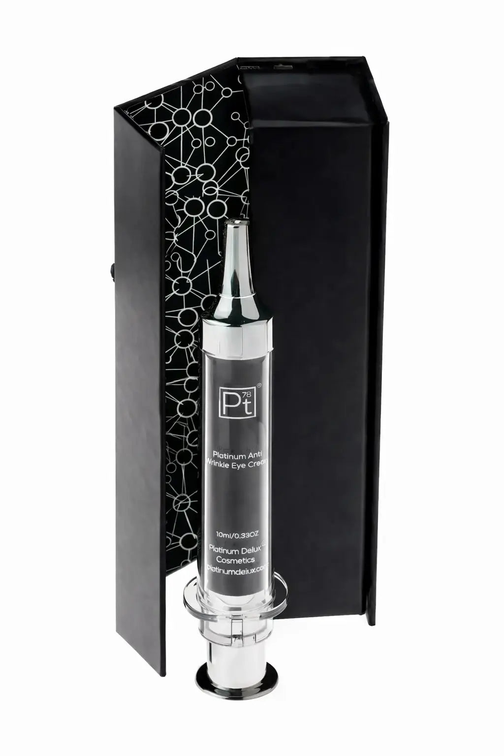 Platinum Deluxe face lift syringe in black box, chrome bottle with cap