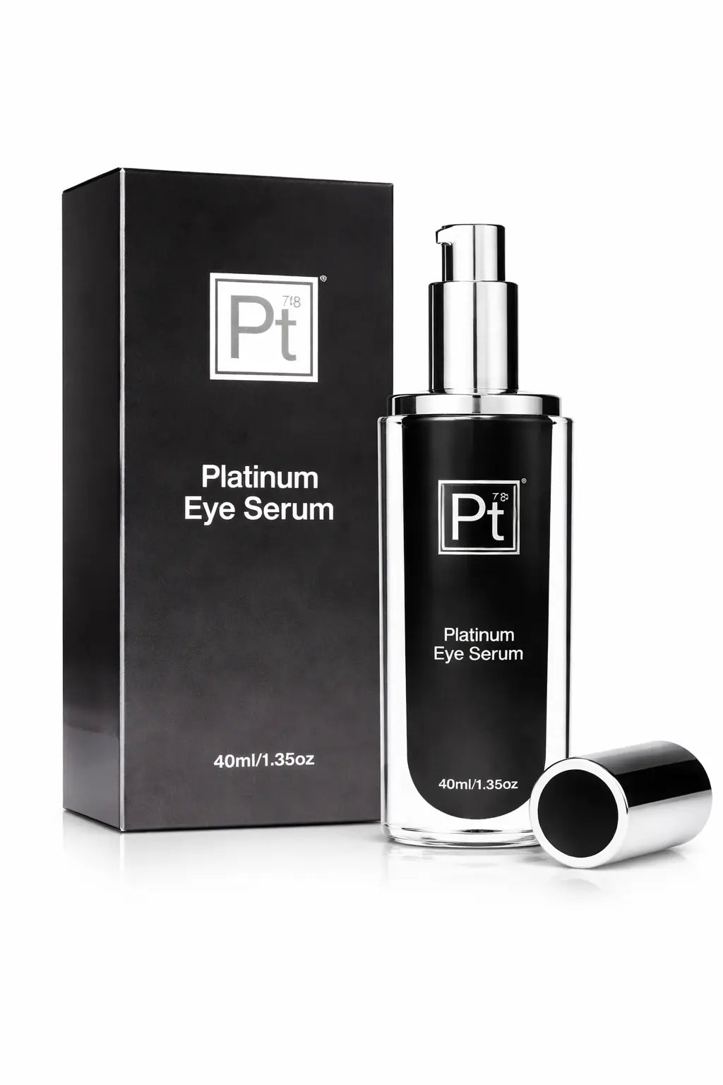 Platinum Eye Serum with black box, glass bottle, and cap resting beside it